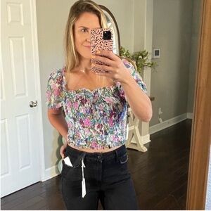 ASTR The Label floral smocked cropped blouse top